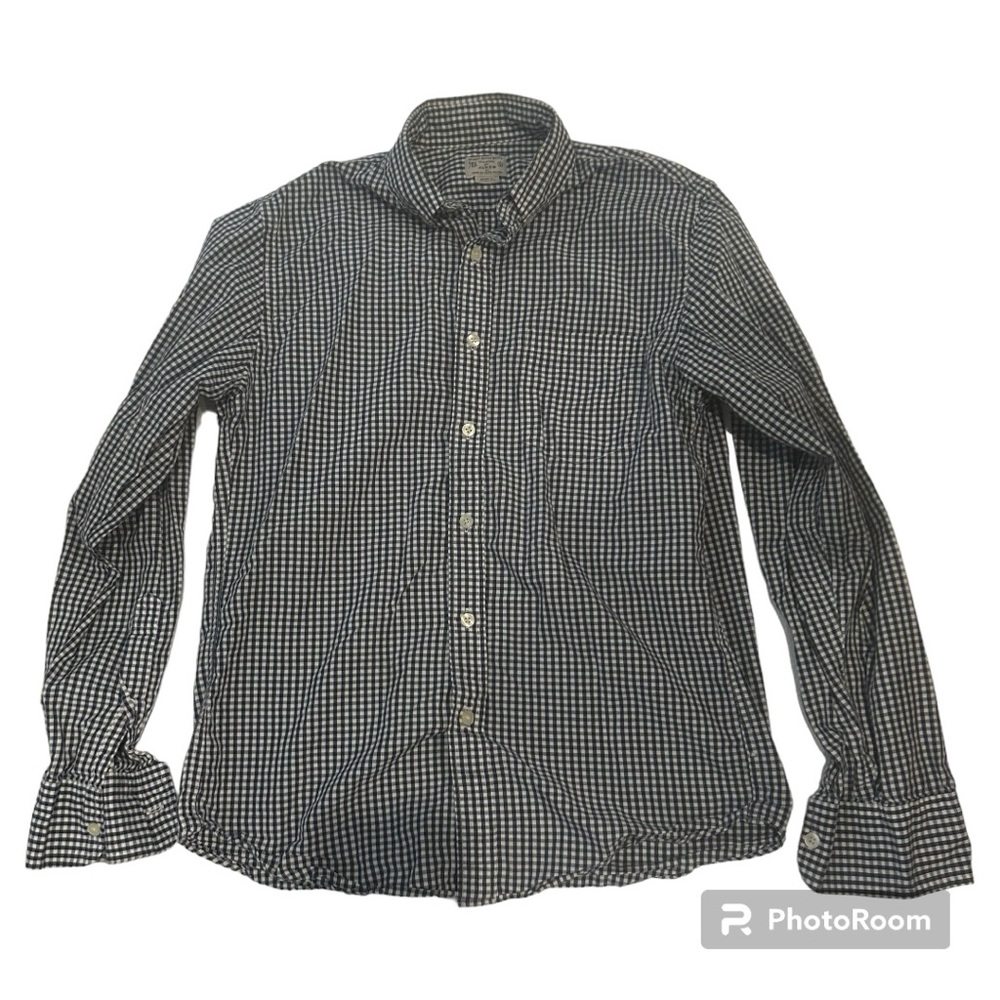 J Crew woven checkered navy white button down long sleeve shirt
